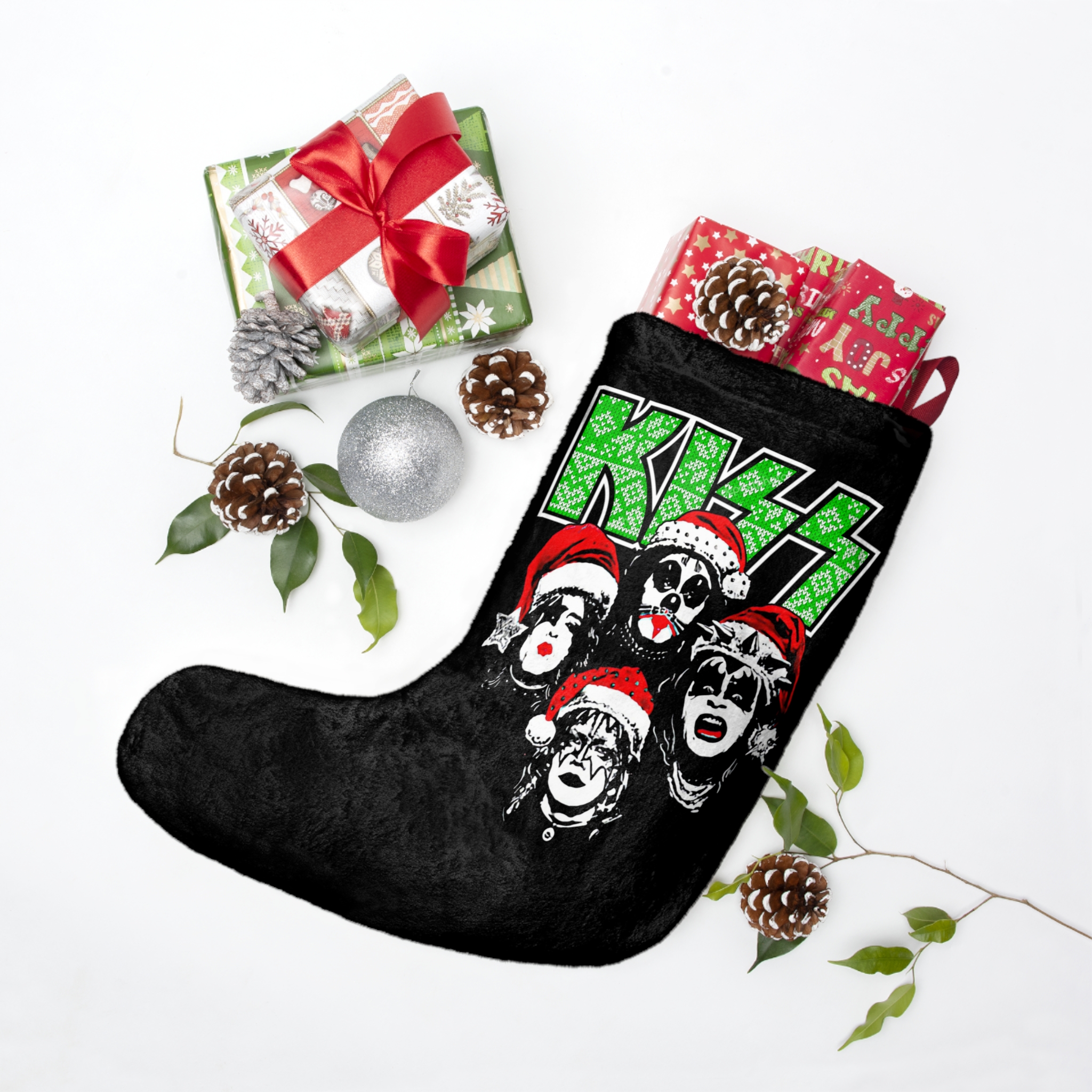 KISS Debut Album Cover With Santa Hats KISSMas Green Logo Christmas Stocking - Image 3
