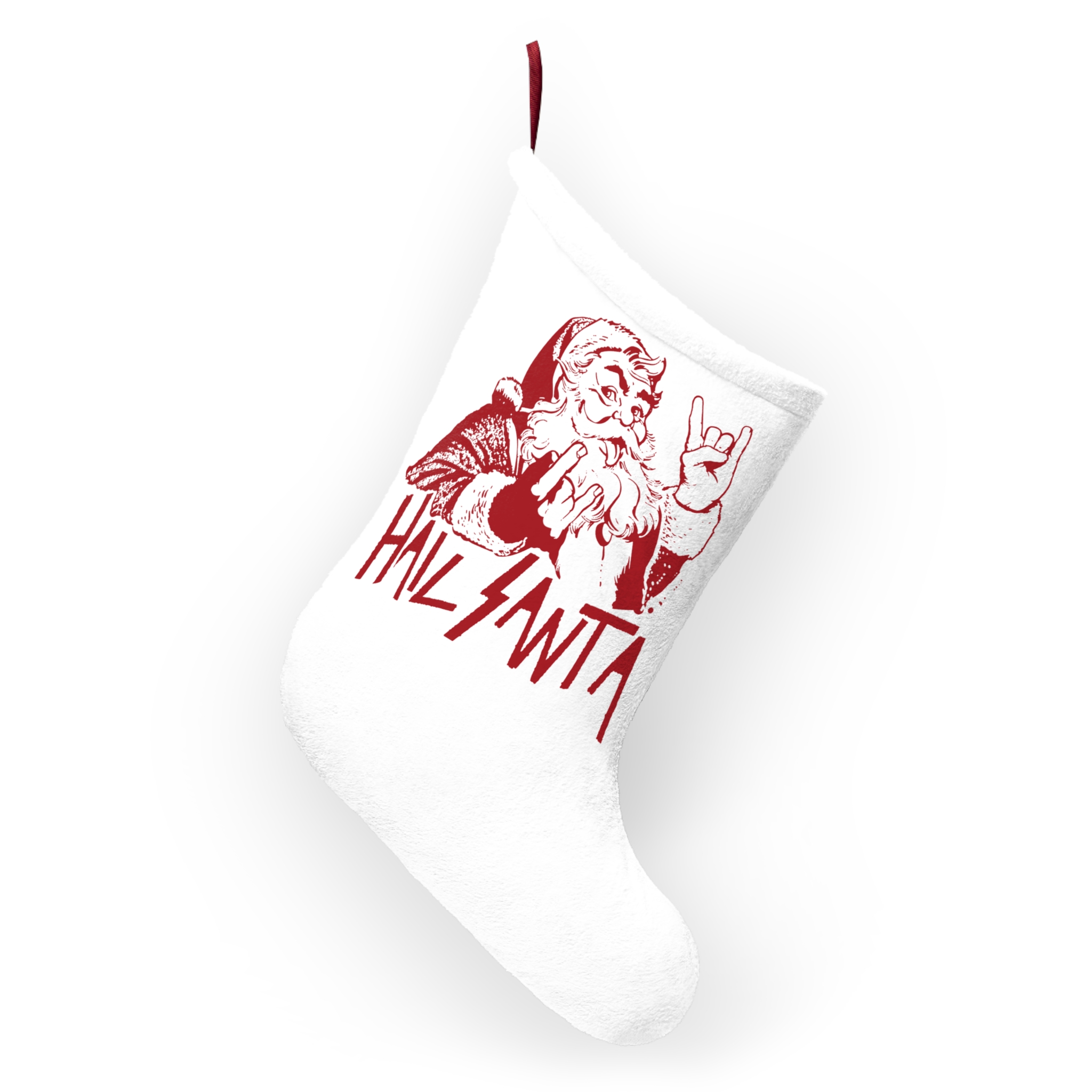 Hail Santa – Santa Throwing Metal Horns Christmas Stocking - Image 4