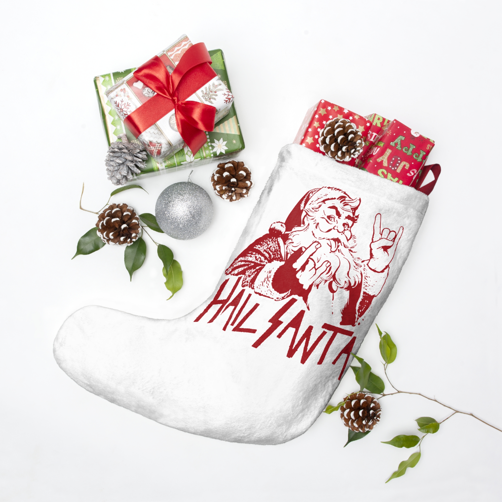 Hail Santa – Santa Throwing Metal Horns Christmas Stocking - Image 3