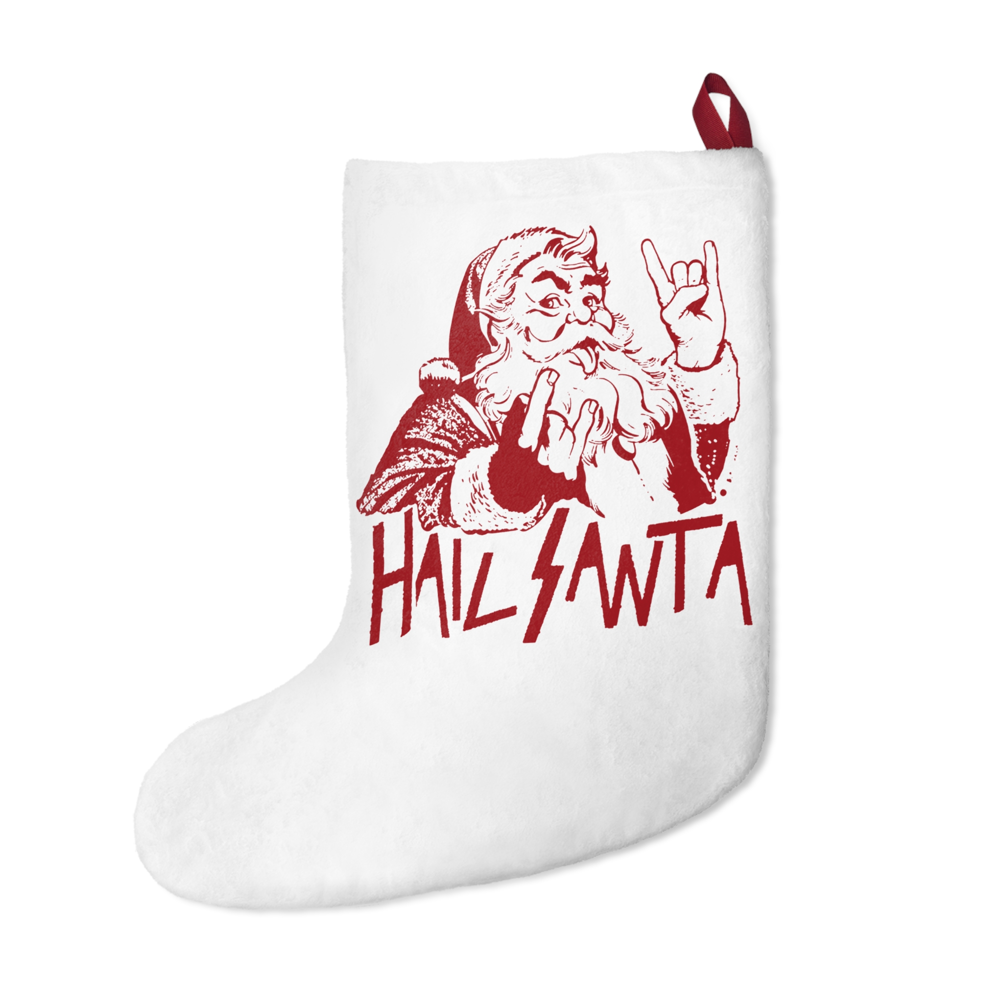 Hail Santa – Santa Throwing Metal Horns Christmas Stocking - Image 2