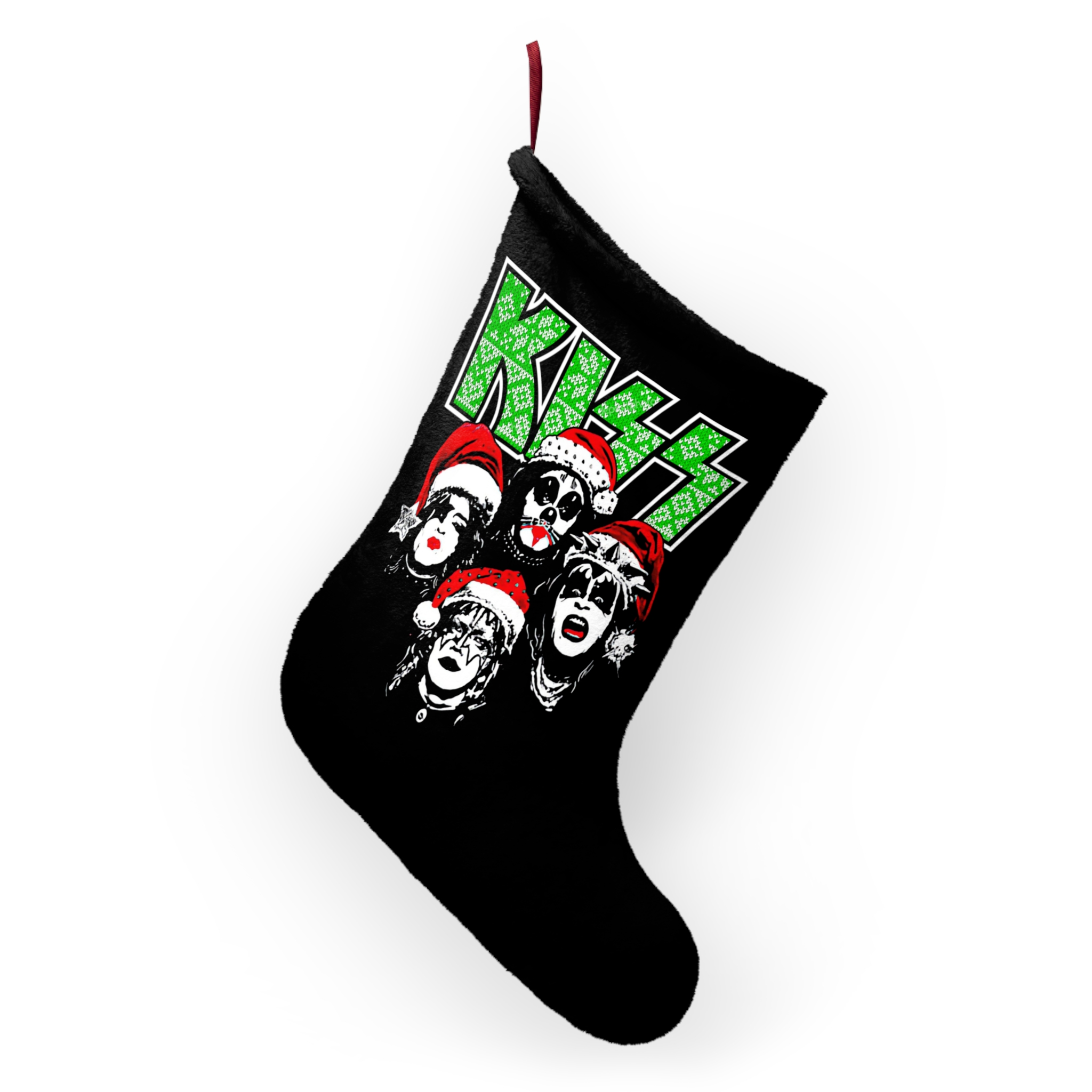 KISS Debut Album Cover With Santa Hats KISSMas Green Logo Christmas Stocking - Image 4
