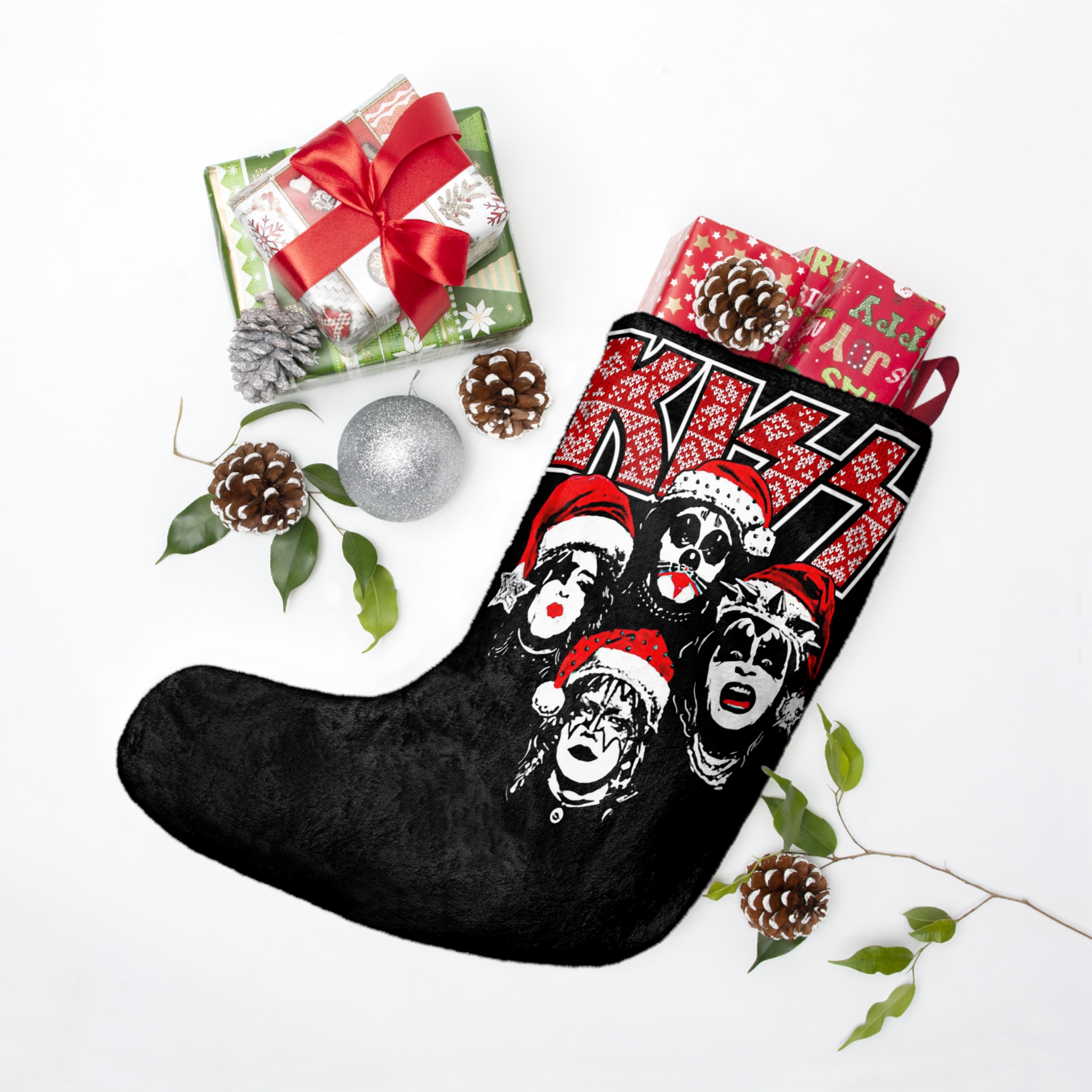 KISS Debut Album Cover With Santa Hats KISSMas Red Logo Christmas Stocking - Image 3